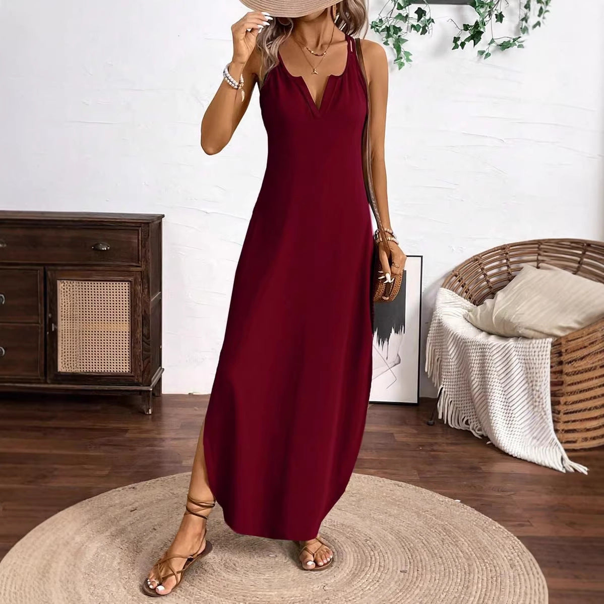 Summer New Sleeveless Strappy Striped Printed Maxi Dress