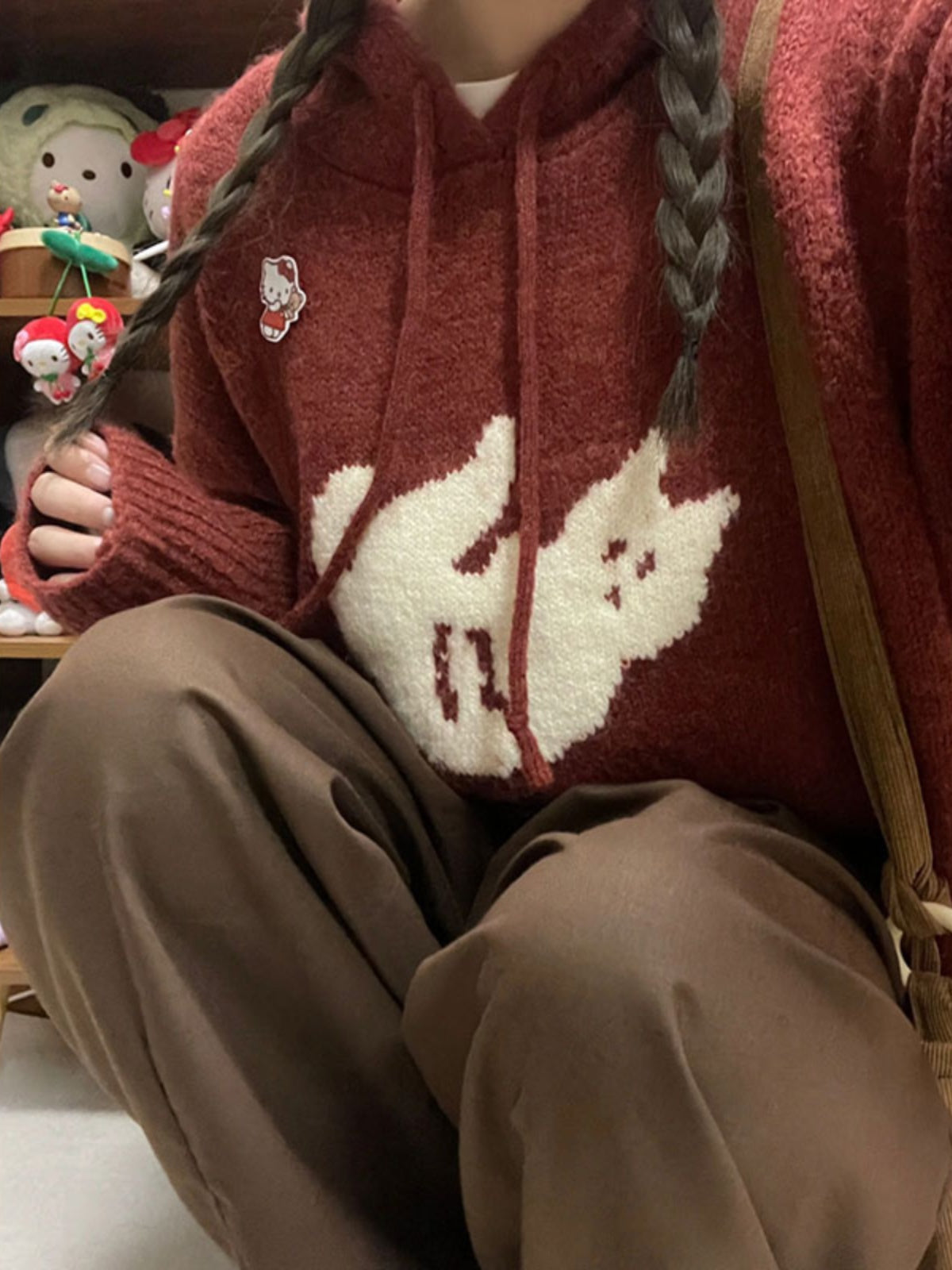 Retro Cartoon Cat Jacquard Hooded Sweater Lady