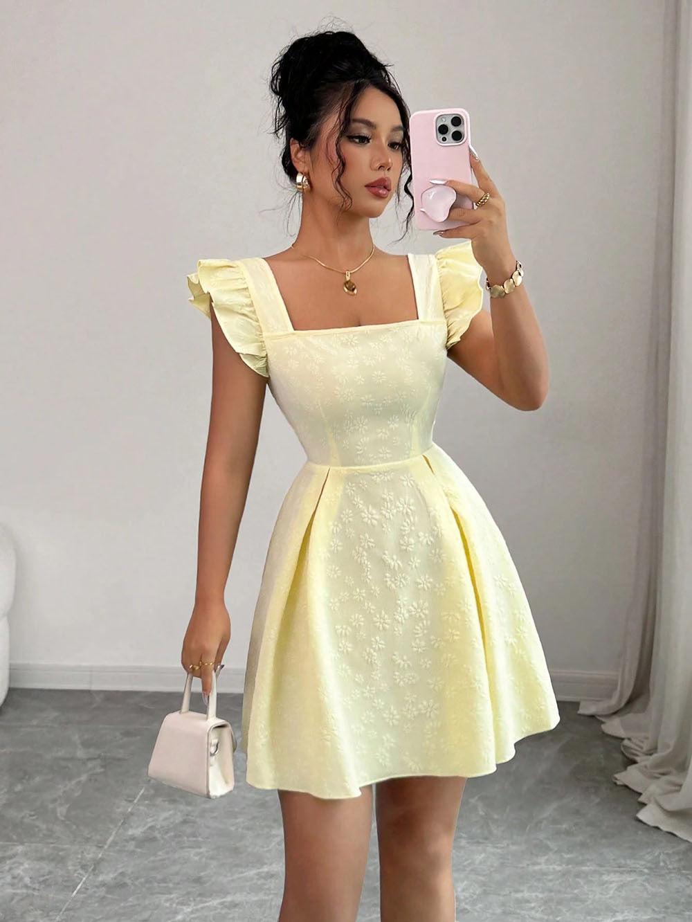 Sweet And Fresh High-Neck Pullover Jacquard Waist-Cinching Dress