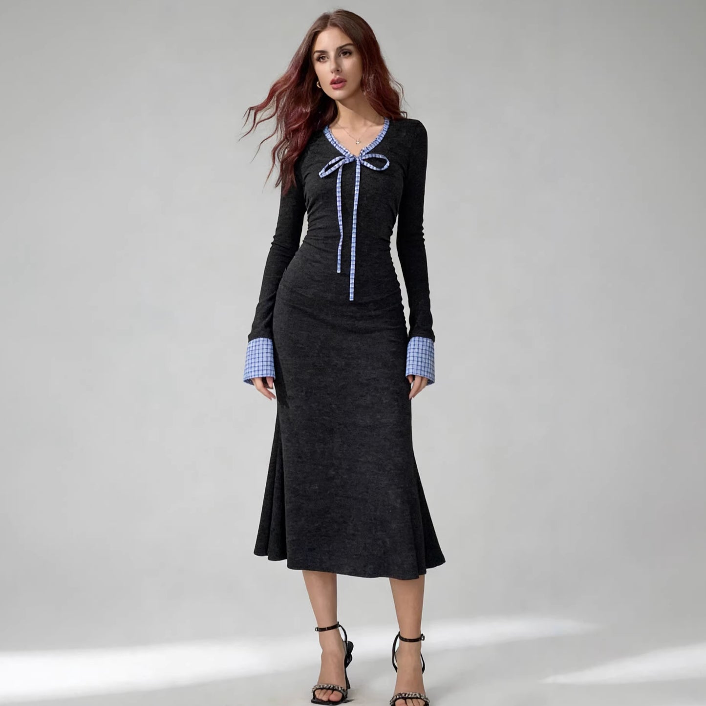 Gray Fitted-waist Sheath-style Long-sleeve Knit Womens Dress
