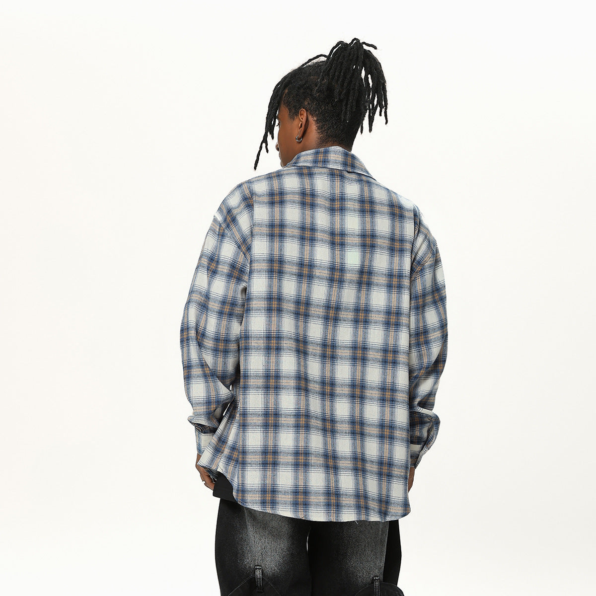 Character Letter Printed Long Sleeve Plaid Shirt Fashion Brand Stand Collar Plaid Shirt