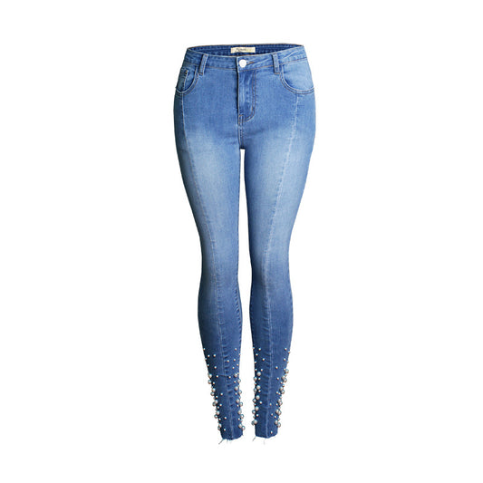 Popular Bead Nail Skinny Denim Stretch Slim Jeans