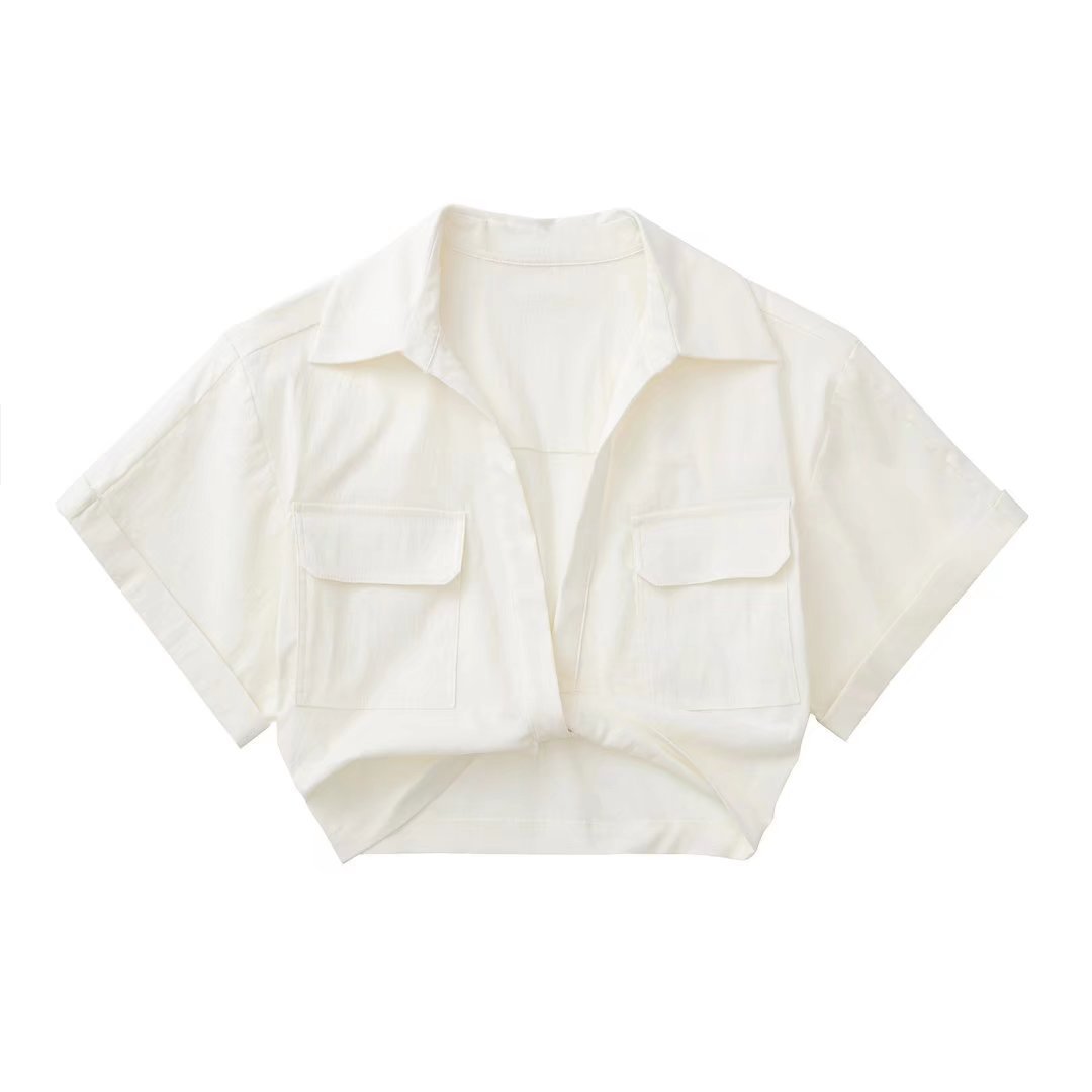 Solid Color Versatile Knot Embellishment Double Pocket Short Sleeved Shirt