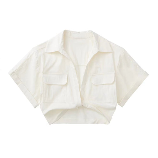 Solid Color Versatile Knot Embellishment Double Pocket Short Sleeved Shirt