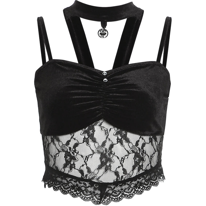 Tanktop med halterneck, paneler og blondekant i farven Spice