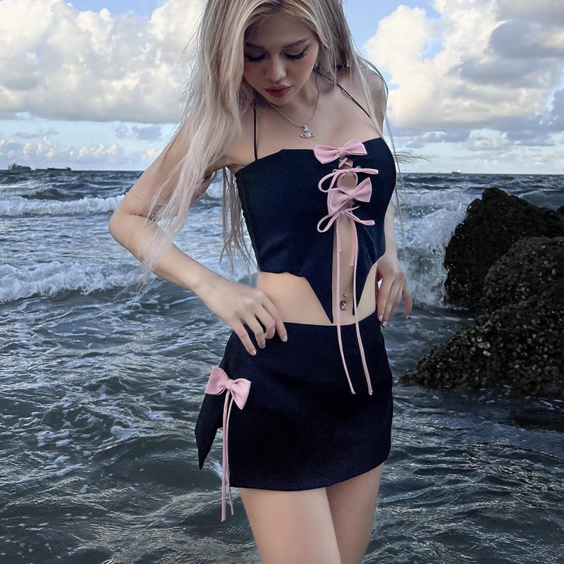Summer Sexy Pure Desire Bow Bandage Halterneck Vest Stitching Skirt Suit