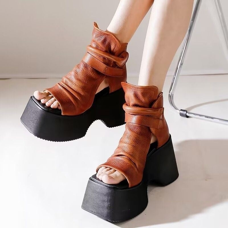 Womens Retro Platform Round-Toe Versatile High-Top Sandals