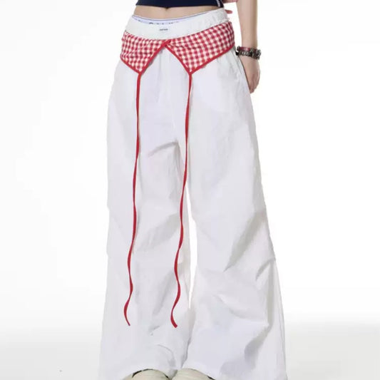 Retro Spicy Girl Plaid Stitching Design Wide-leg Pants For Women