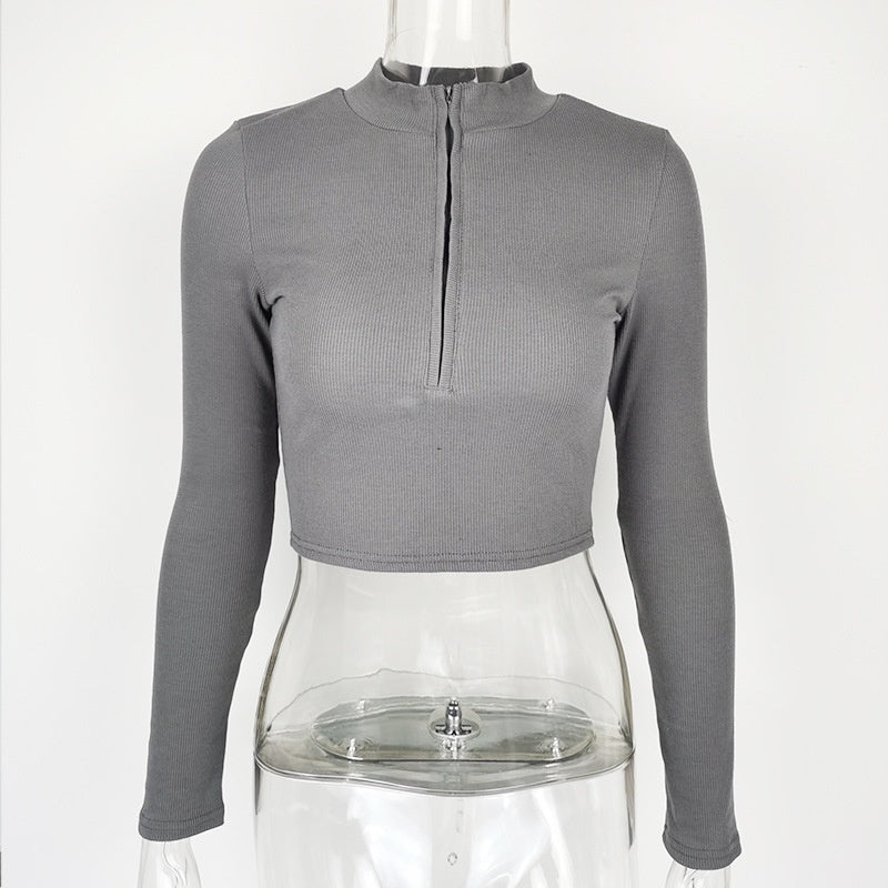 Women's Casual Solid Color Zipper Crop Slim Fit Top