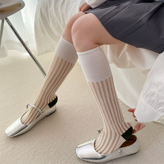 Summer Thin Long Vertical Bar Calf Socks