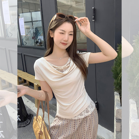 Korean Style Lace Stitching Swing Collar Off-shoulder Short Sleeve T-shirt
