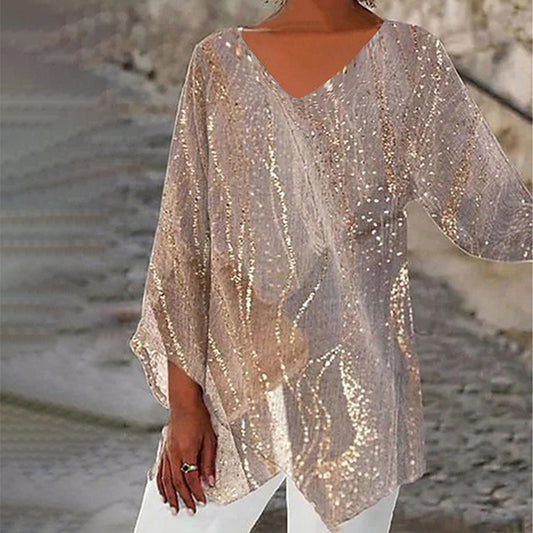 T-shirt Casual Loose And Irregular Printed Long Sleeve V-neck Top