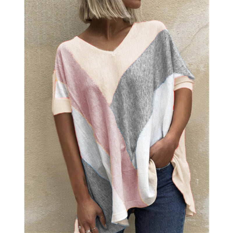 Women's V Neck Colorblock Print T Shirt Loose Casual Top