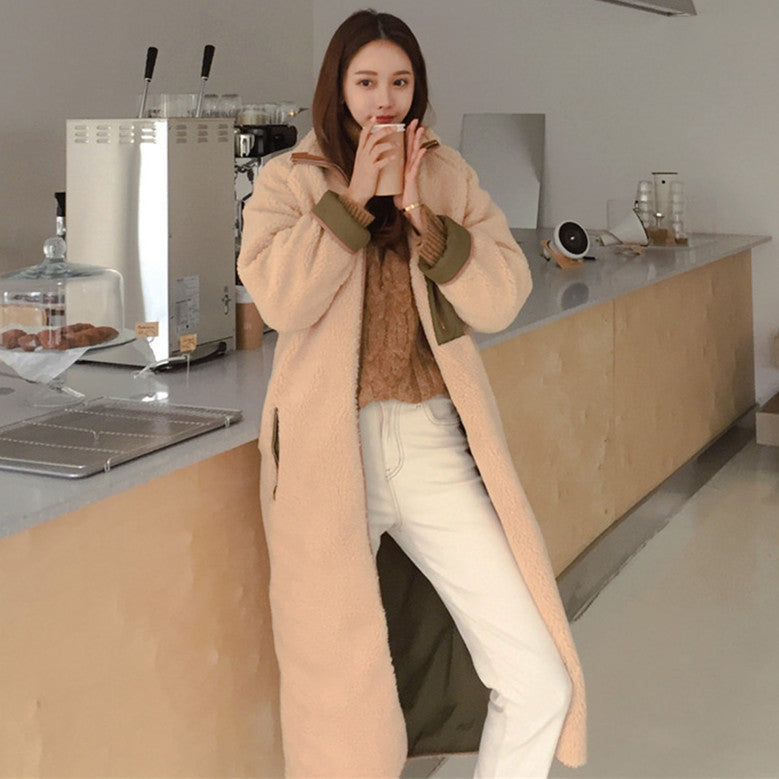 Stand Collar Color Matching Lambswool Two-sided Zipper Coat