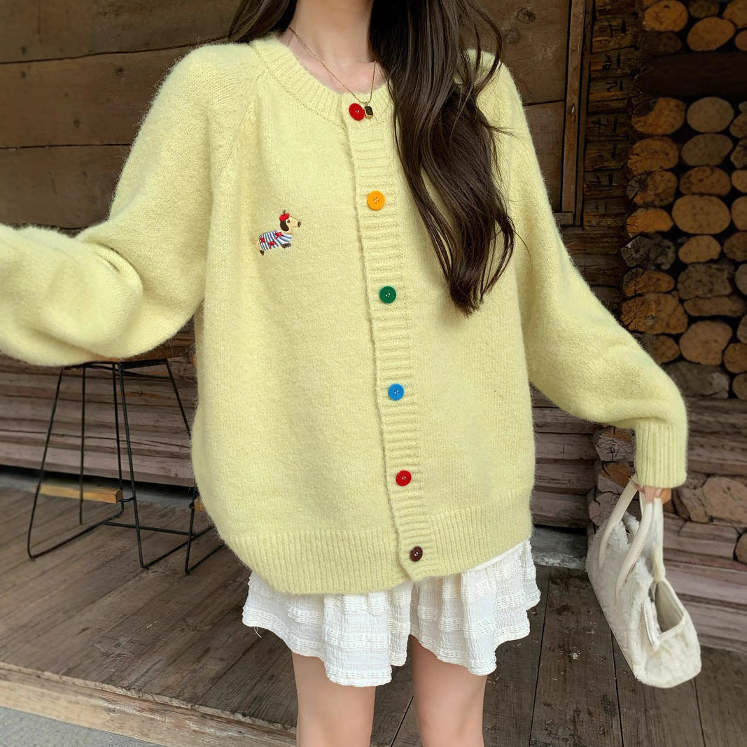 Women's Sweet Round Neck Color Buckle Puppy Pattern Long-sleeved Sweater Cardigan