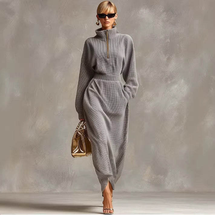 Elegant Casual V-neck Long-sleeve Light Gray Waffle-knit Dress With A Front Zipper