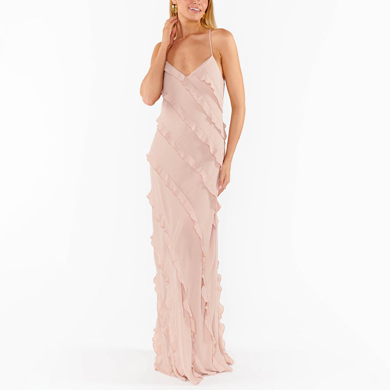 Womens Patchwork Ruffle-Trimmed Resort-Style Slip Dress