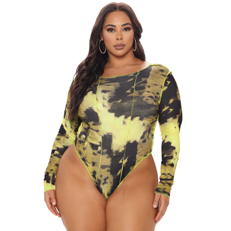 Women's Spring Round Neck Print Long Sleeves Tight Breasted Plus Size Jumpsuit