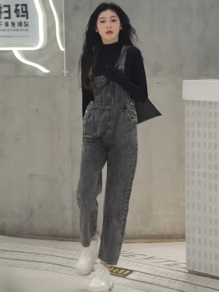 Vintage Sweet Black Denim Strap Pants Female