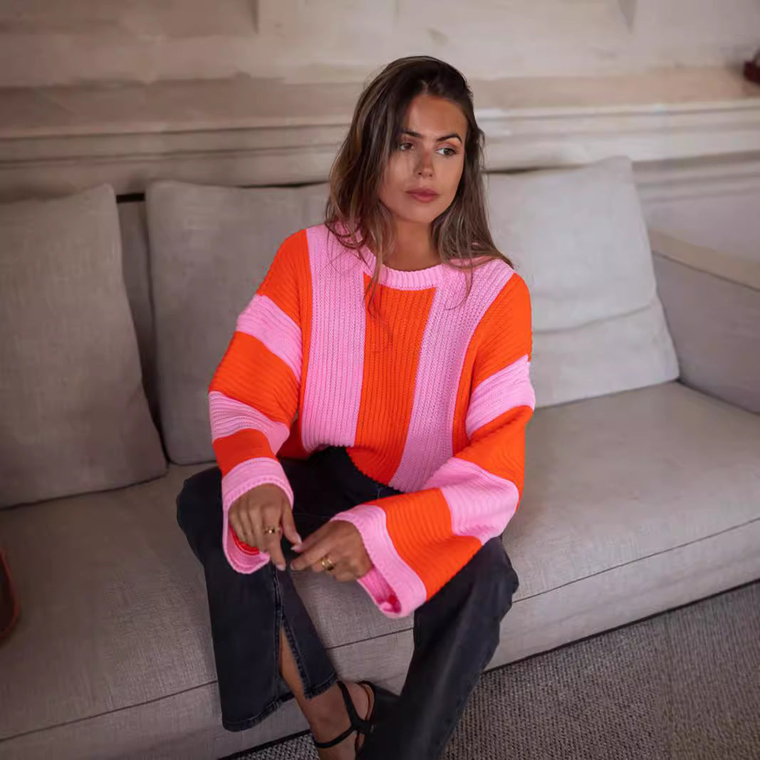 Sweater Ins Style Loose Plus Size Vertical Stripes Contrast Color Round Neck Knitwear Pullover