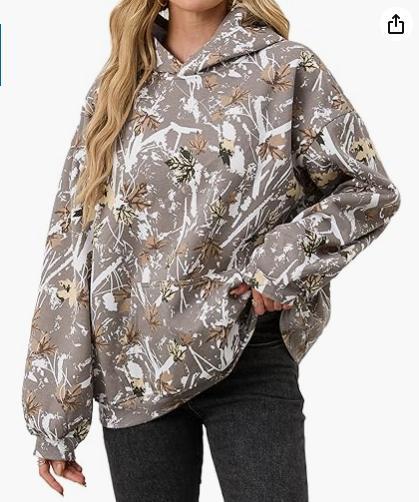 Camo uldhættetrøje til kvinder med lange ærmer, sænkede skuldre, oversized