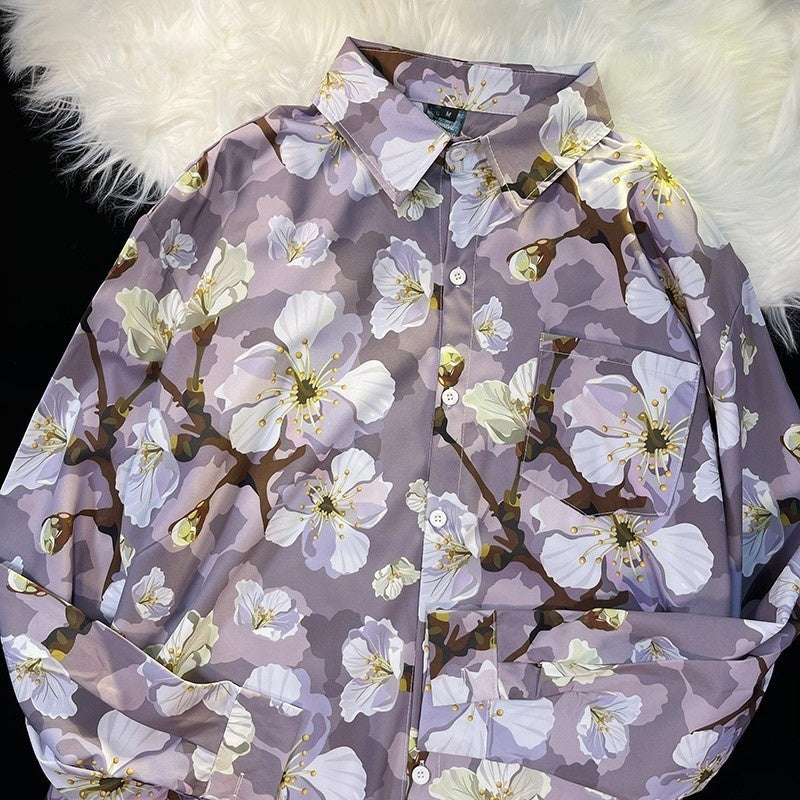 Hong Kong Style Printed Shirt Men's And Women's Loose Long Sleeves