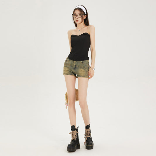 Mud Yellow Stretch Denim Shorts For Women