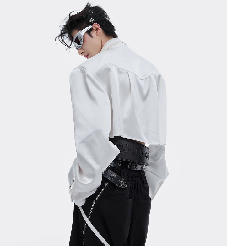 Short Shirt With Ribbon Padded Shoulder Loose Silky And Expensive Top
