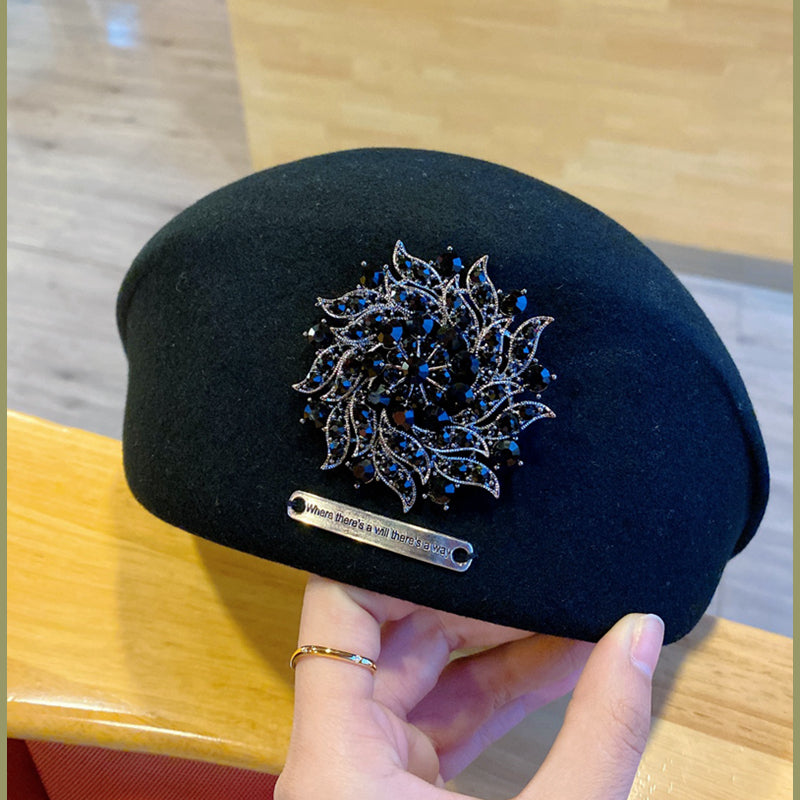 Celebrity Elegant Bright Diamond Woolen Black Beret