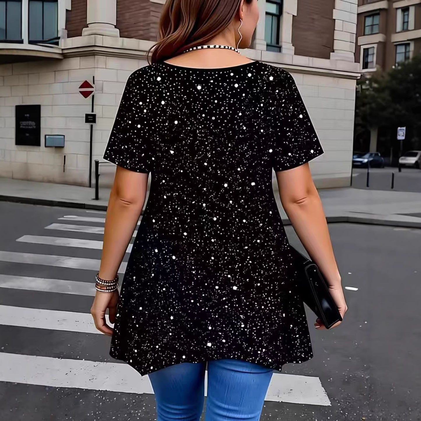 Asymmetrical Hem Short-sleeve V-neck Shimmering Top