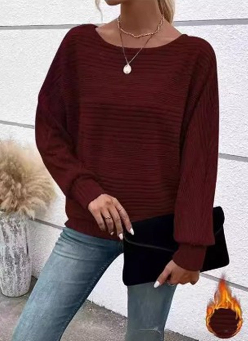 Ensfarvet Stribet Batwing-ærmer T-shirt Mode Casual Pullover Rund Hals Langærmet Top Forår Og Efterår Dametøj