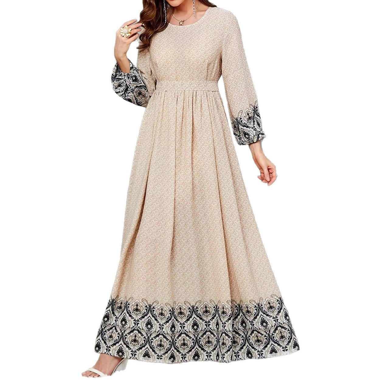 Ethnic-style Printed Wrap Dress Featuring A Cinched Waist Belt And A Flared, Long Skirt