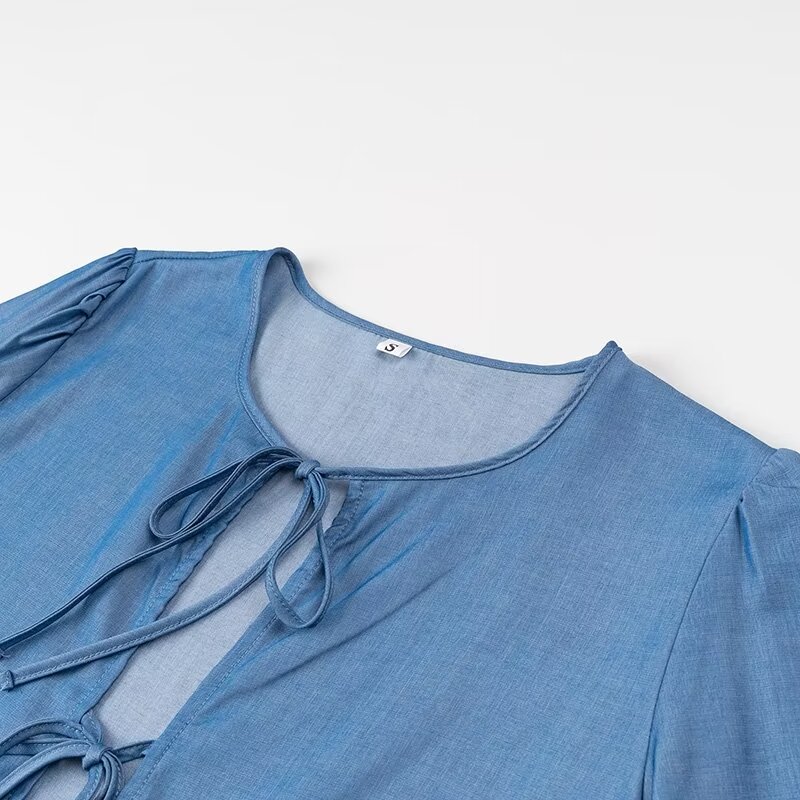 Solid Color Denim Lace-up Design Shirt