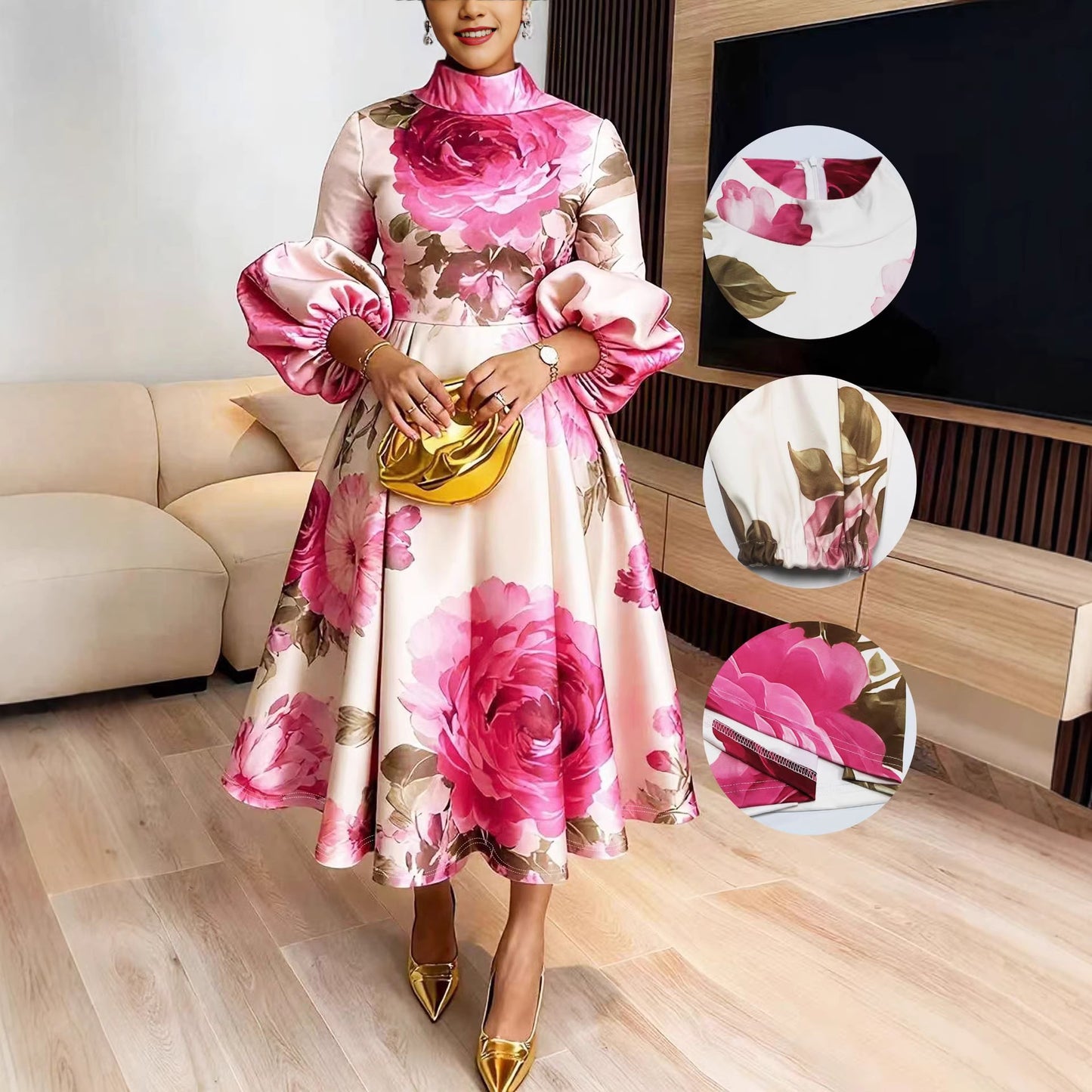 Elegant Printed Stand Collar Lantern Sleeve Waist-Cinching Dress