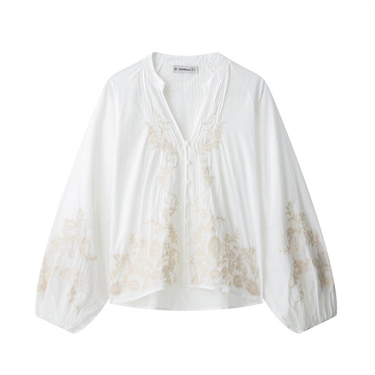 Ethnic Floral Positioning Embroidered Flower Long Sleeve Shirt