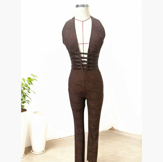 Sexy Lace Trousers Deep V Bandage Lace-up Halter Jumpsuit