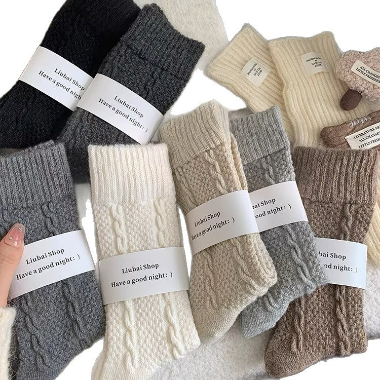 Womens Cable-Knit Wool-Blend Thickened Fleece-Lined Plush Warm Sleep Socks For Winter