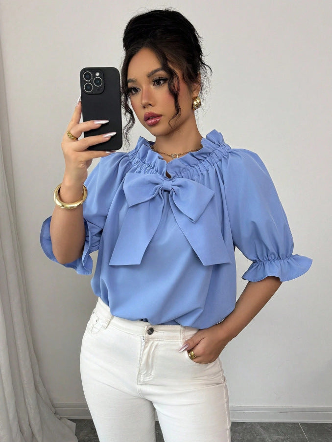 Womens Boat-neck Top With Ruffled Edges And A Bow Detail