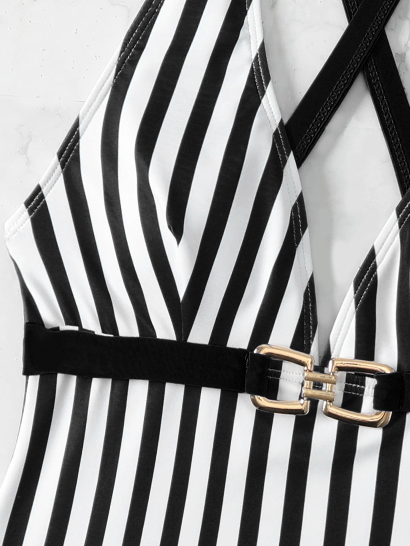 Black And White Striped One-piece Swimsuit Bikini