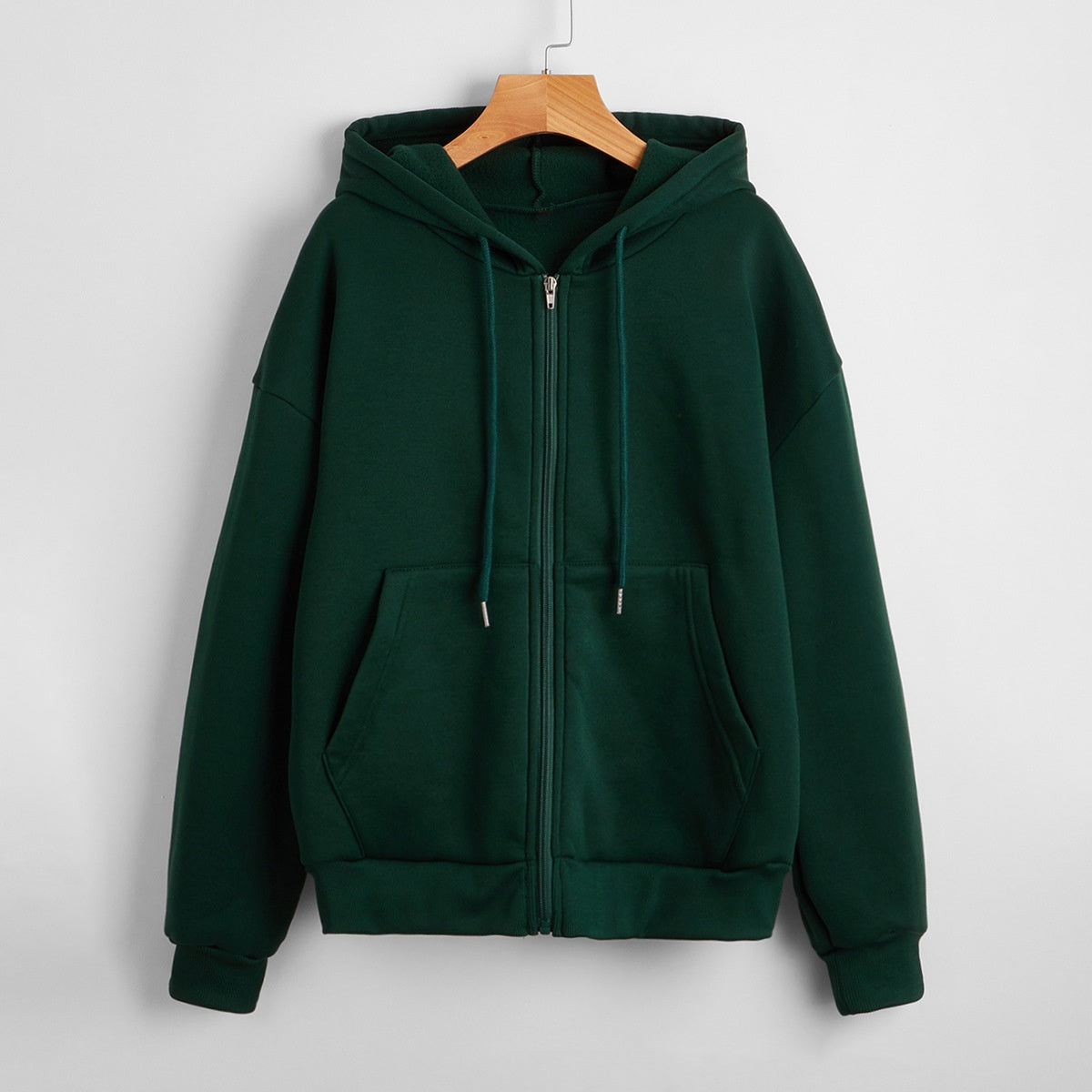 Sweater til kvinder med hætte, ensfarvet, lynlås, løstsiddende, foret frakke