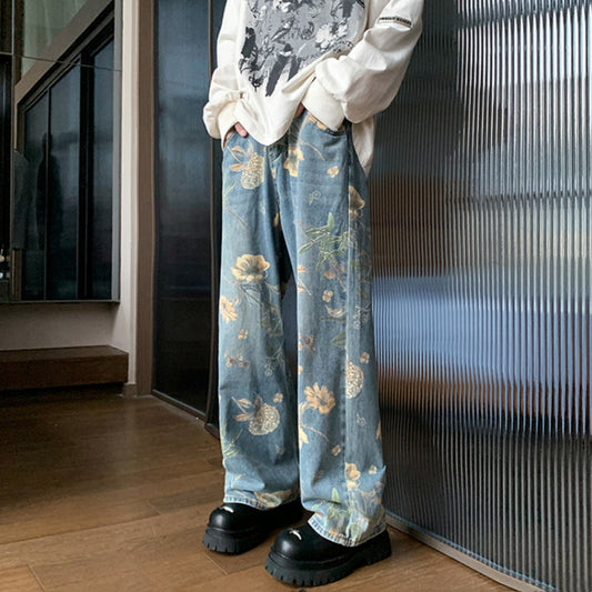 Men's Printed Floral Wide-leg Washed Jeans Mid-waist Straight Pants
