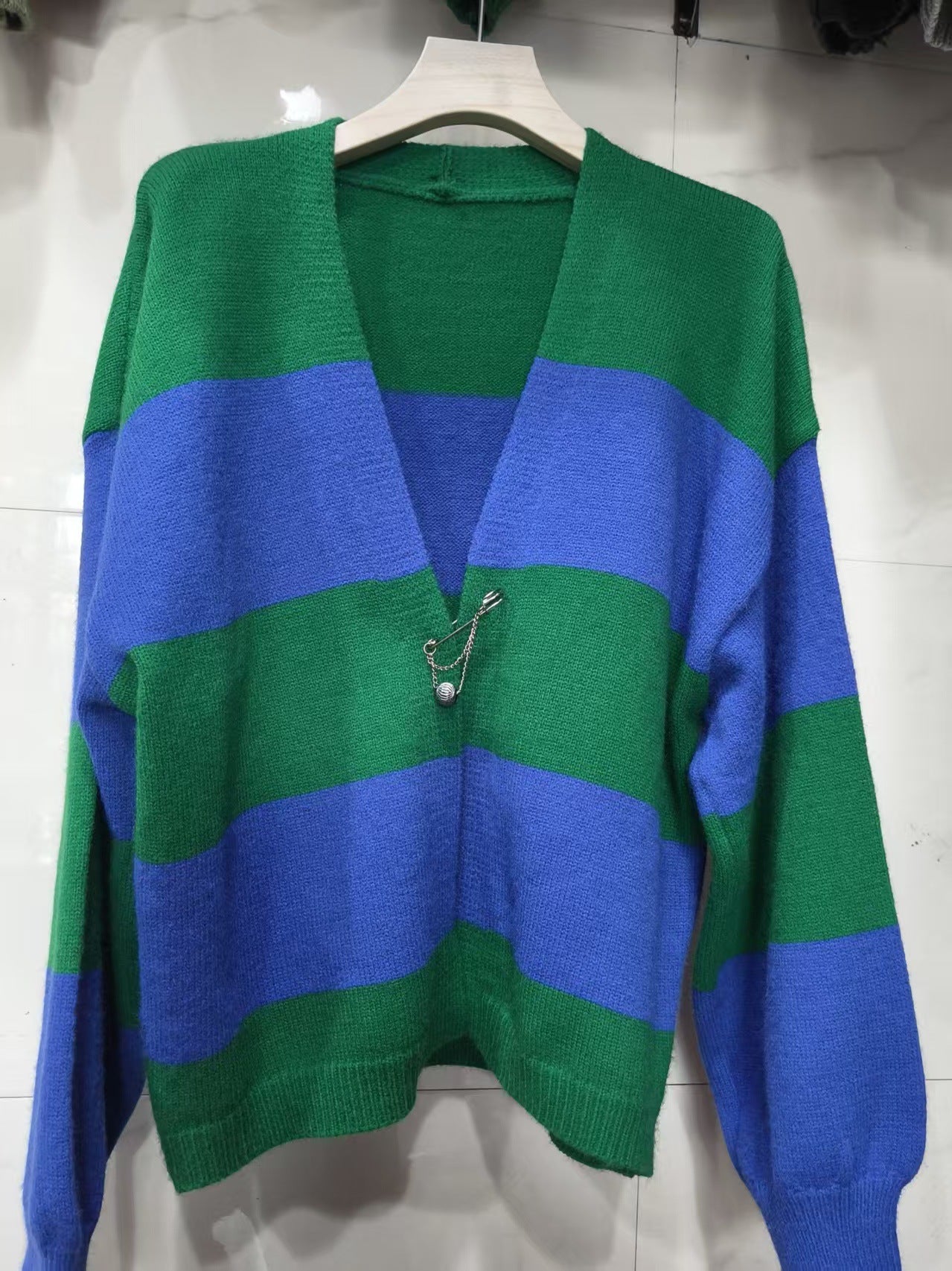 European And American Style Contrast Color Striped Cardigan Women's Loose Long Sleeve Sweater Coat