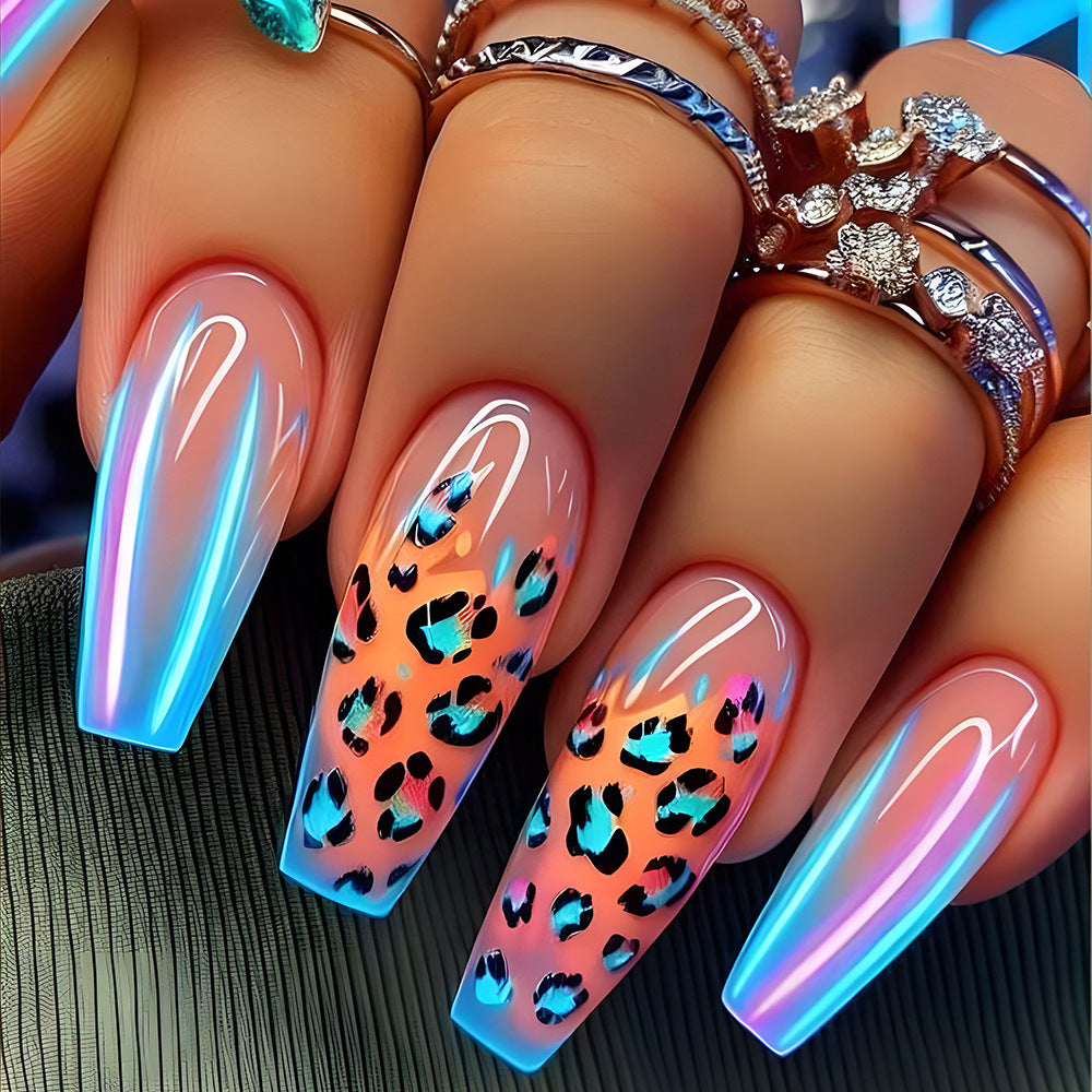 Blue Edge French Gradient Contrast Leopard Print Nail Tips