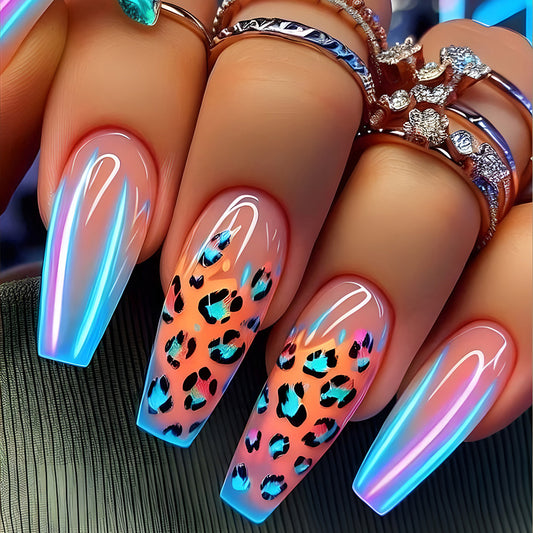 Blue Edge French Gradient Contrast Leopard Print Nail Tips