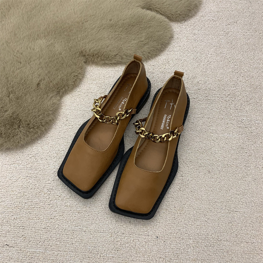 Metal Chain Square Toe Retro Leather Shoes
