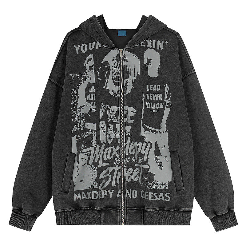 Water-washed Vintage-style Printed Hooded Cardigan Jacket Loose-fit Springautumn Zip-up Jacket