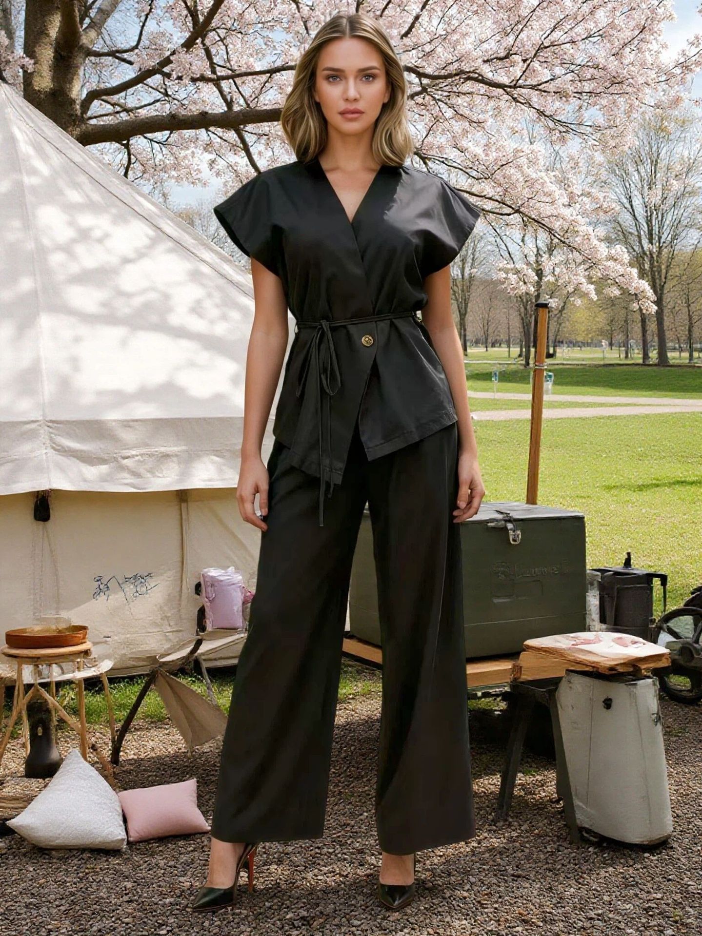 Womens Casual Vest And Pants Set With Ties Solid Color