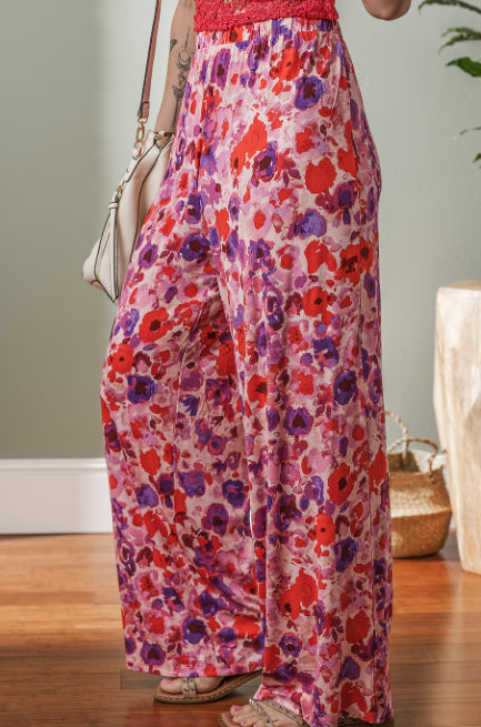 Purple Floral Wide Leg Elastic High Waist Pants
