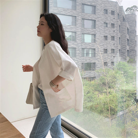 Women's Retro Plus Size Colorblock Simple Cotton Linen T-shirt