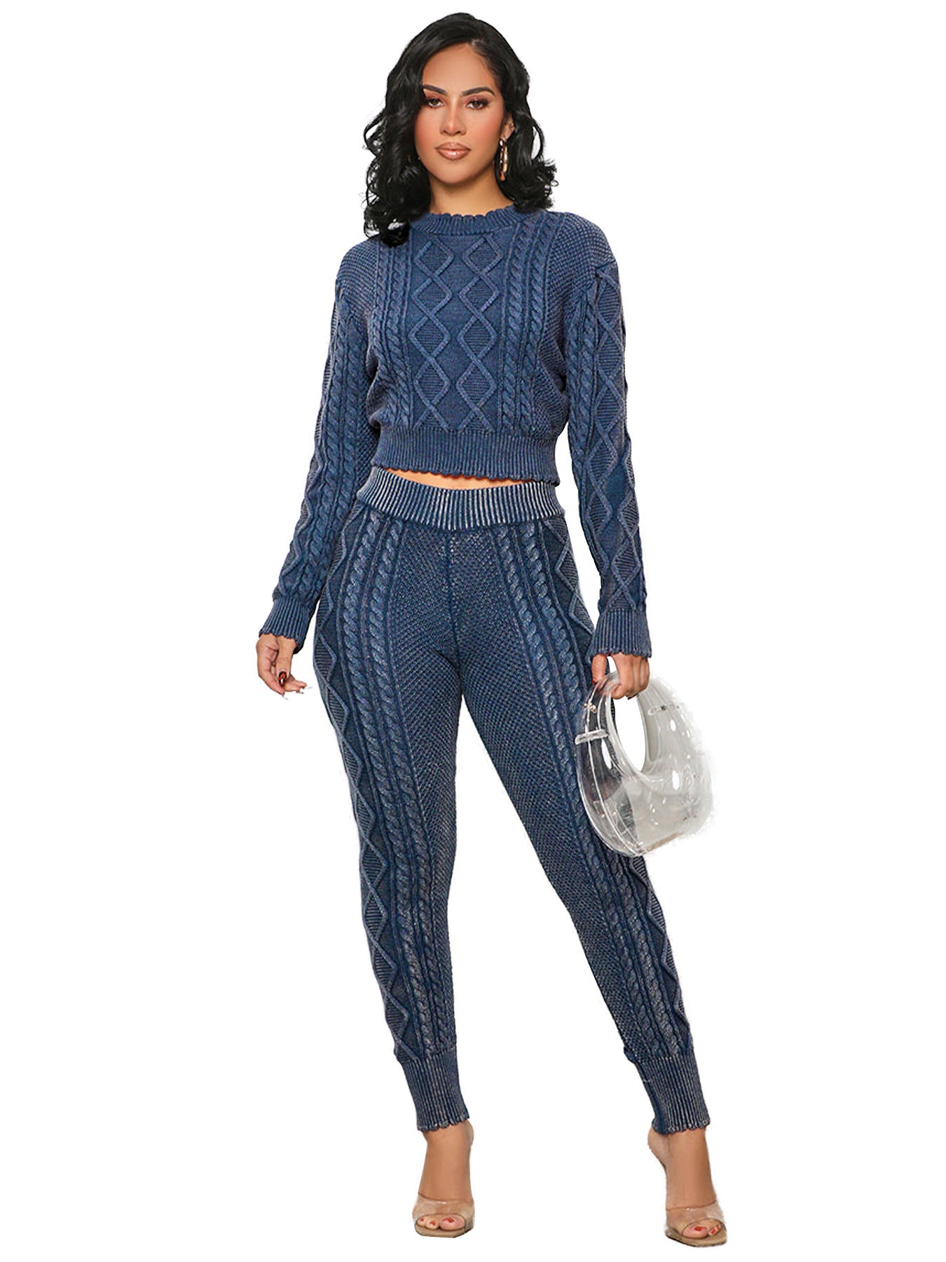 Women's Washable Vintage Knit Diamond Pattern Cable Sweater Set
